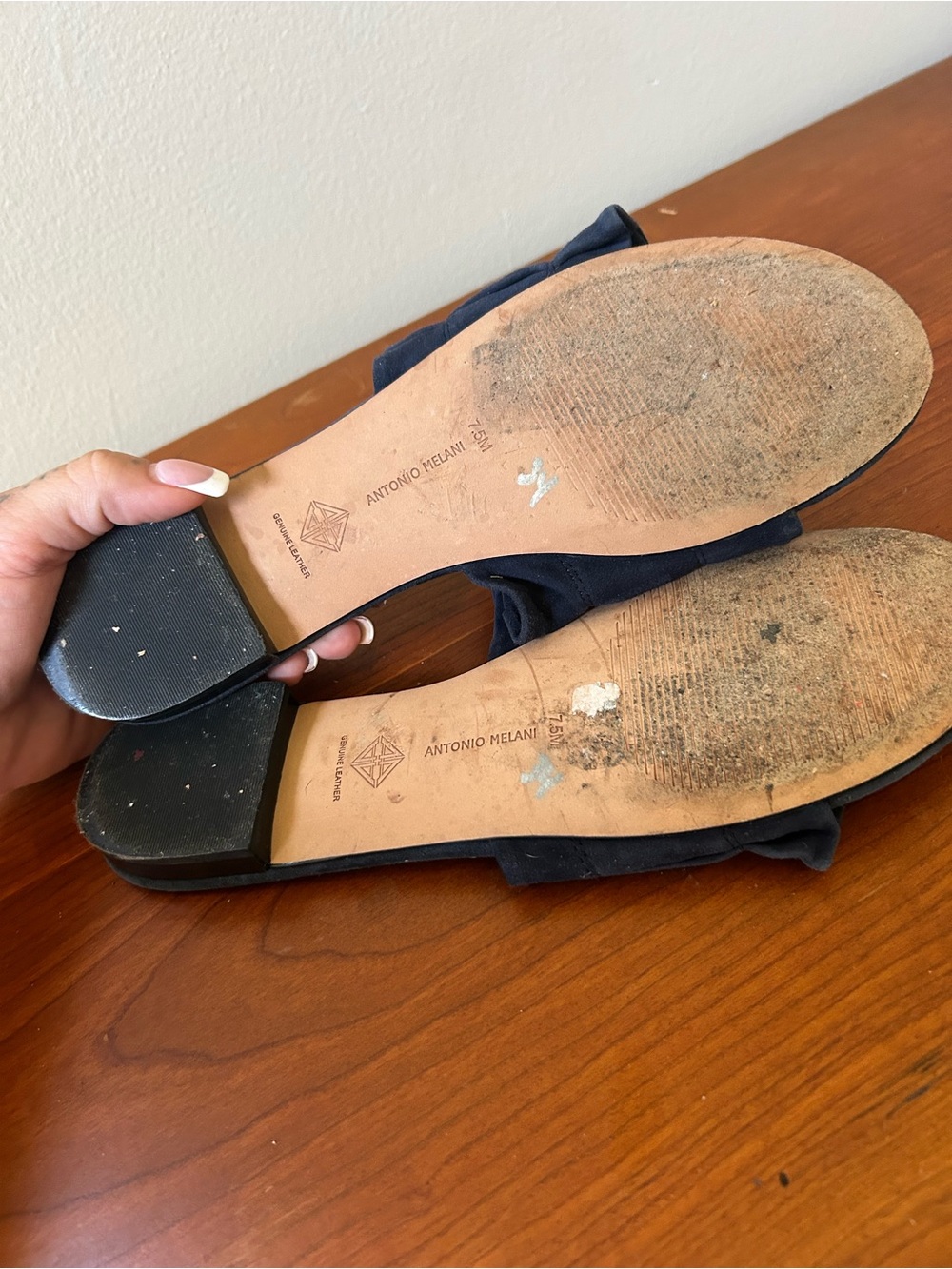 ANTONIO MELANI navy blue Suede Ruffle Slide Mules 7.5 genuine leather - Picture 4 of 4